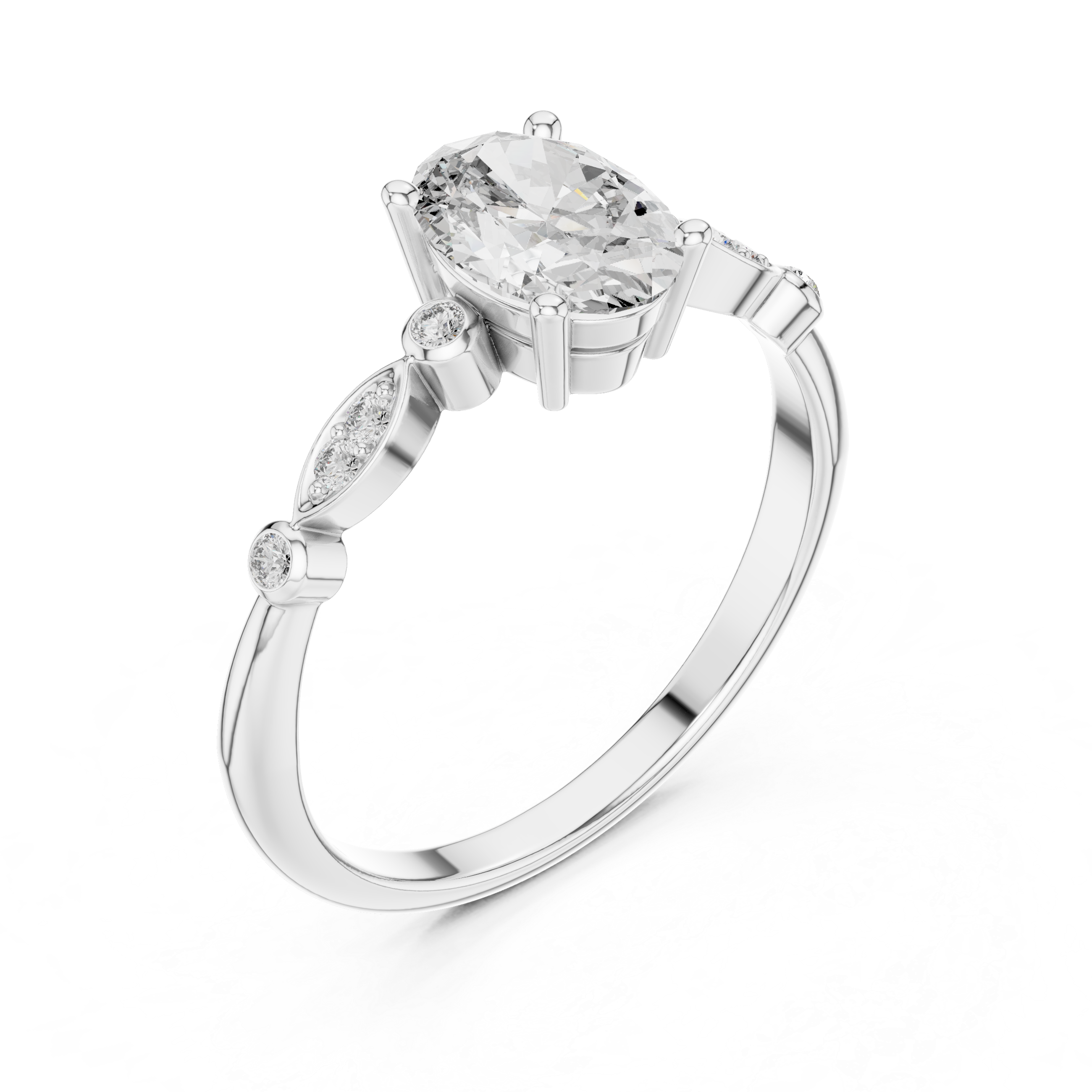 Dainty Oval Diamond Engagement Ring in White Gold – Classic Solitaire Style