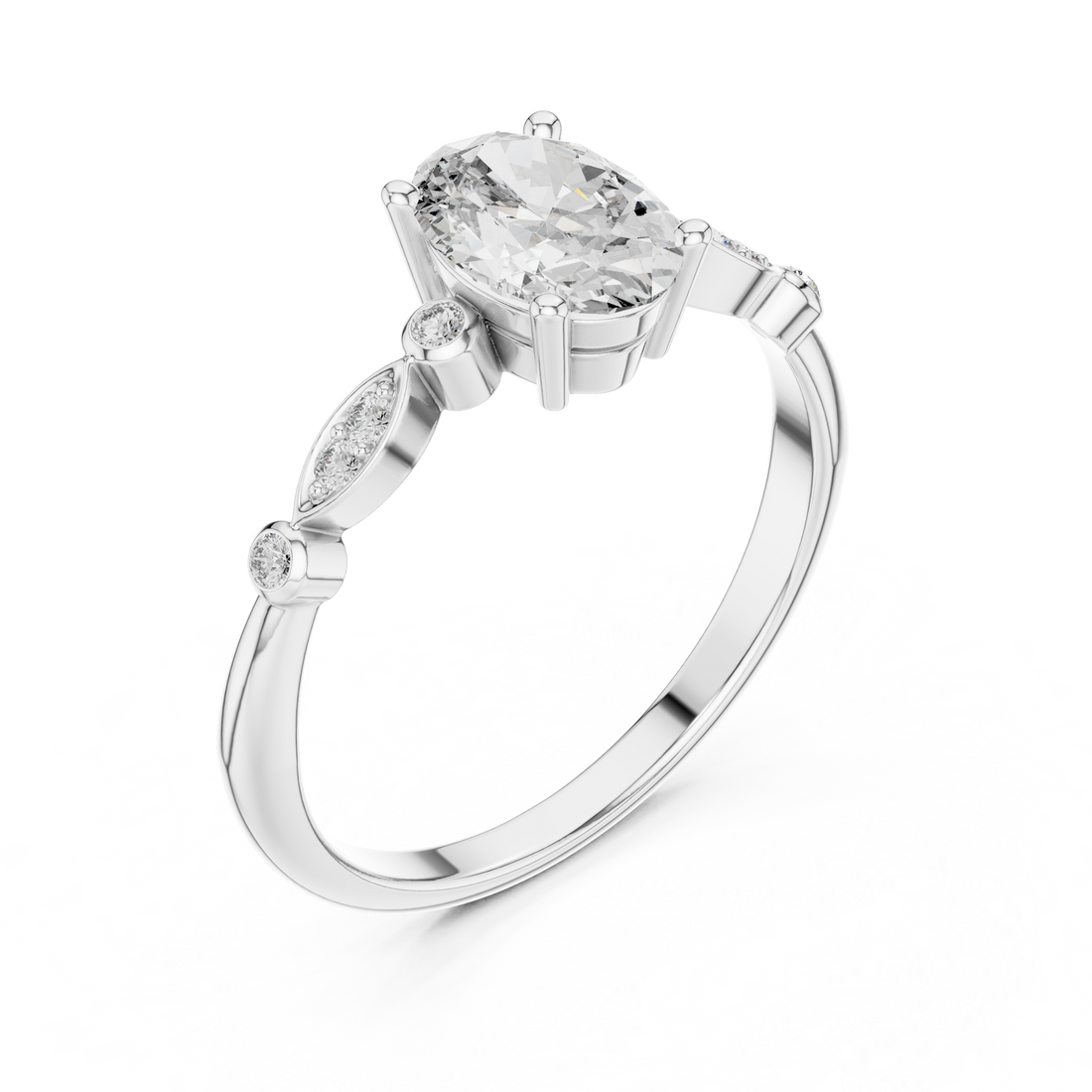 Dainty Oval Diamond Engagement Ring in White Gold – Classic Solitaire Style