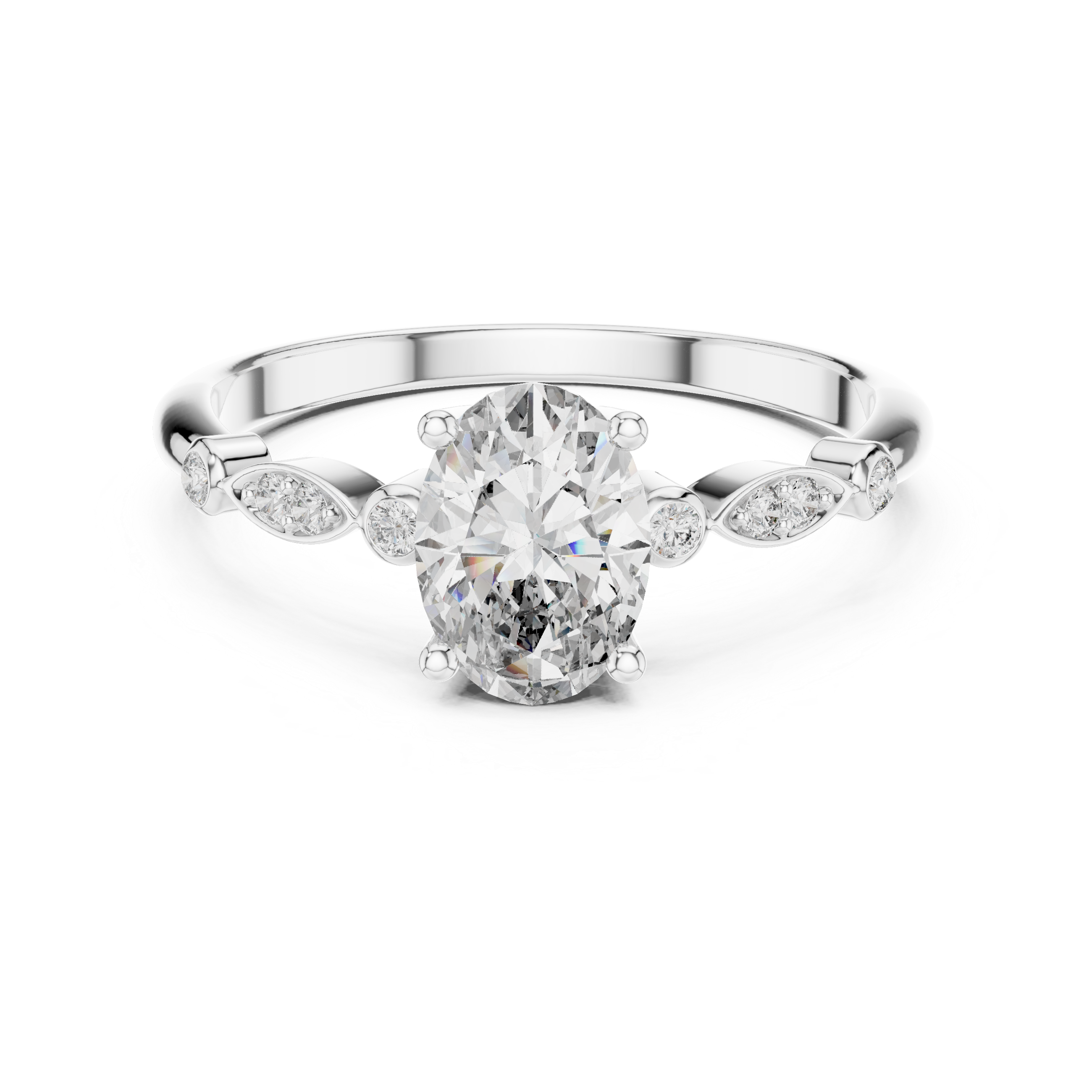 Dainty Oval Diamond Engagement Ring in White Gold – Classic Solitaire Style