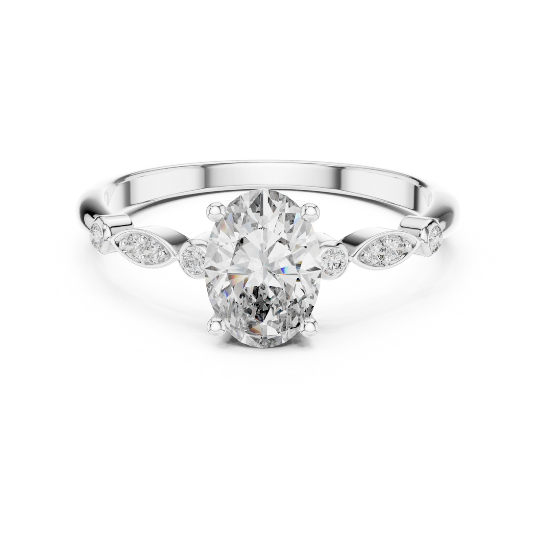 Dainty Oval Diamond Engagement Ring in White Gold – Classic Solitaire Style