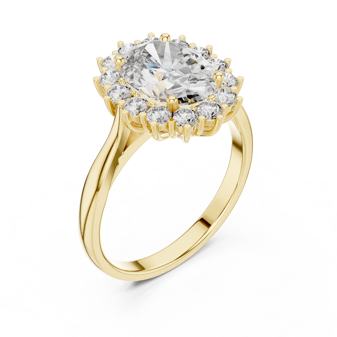 Sunburst Oval Cut Diamond Ring with Halo Design