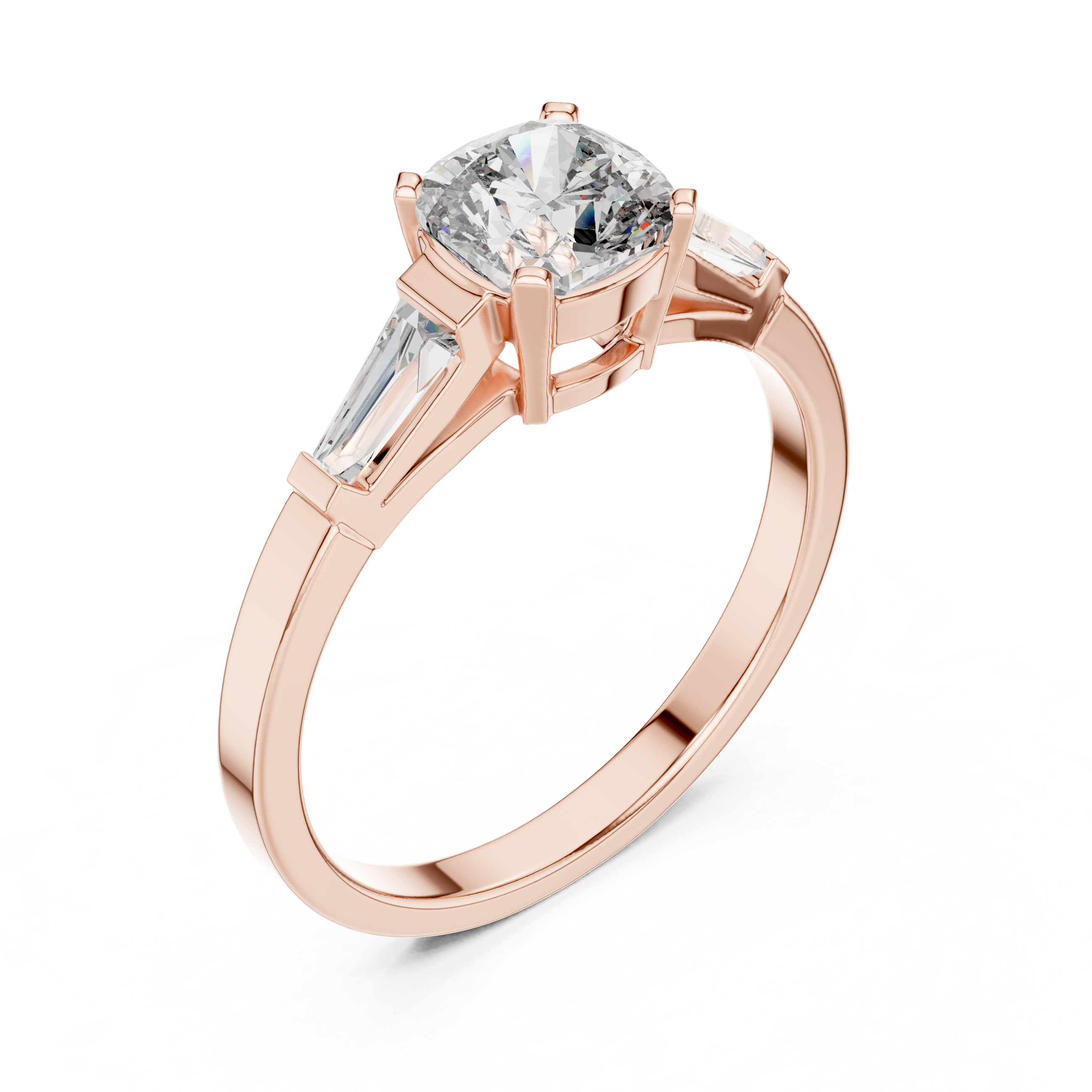 Cushion Cut Diamond Three Stone Engagement Ring in White Gold – Tapered Side Stones