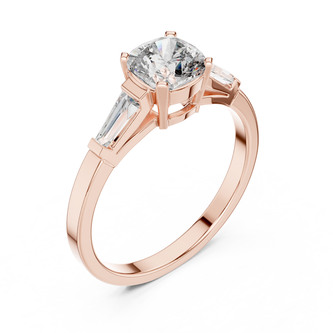 Cushion Cut Diamond Three Stone Engagement Ring in White Gold – Tapered Side Stones