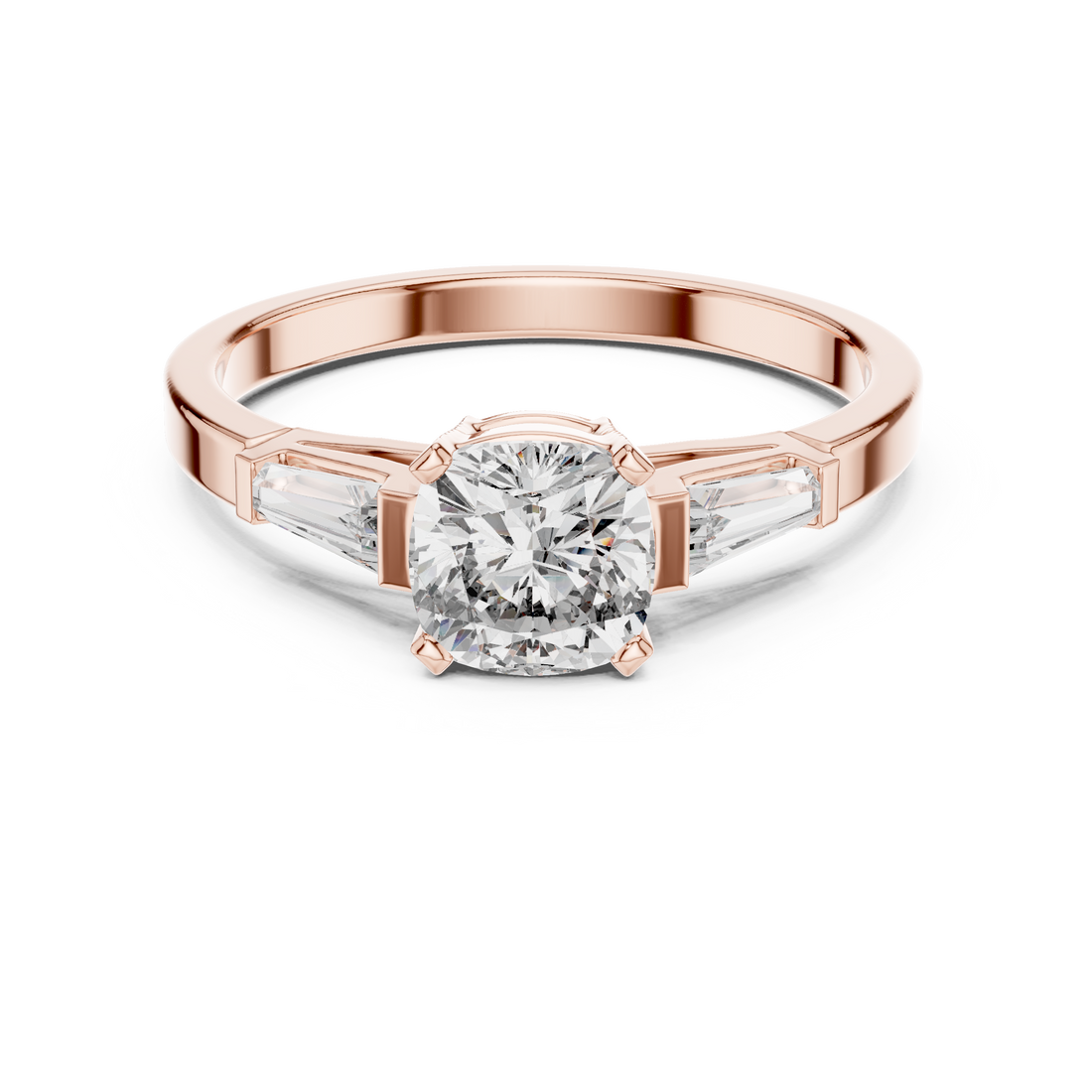 Cushion Cut Diamond Three Stone Engagement Ring in White Gold – Tapered Side Stones