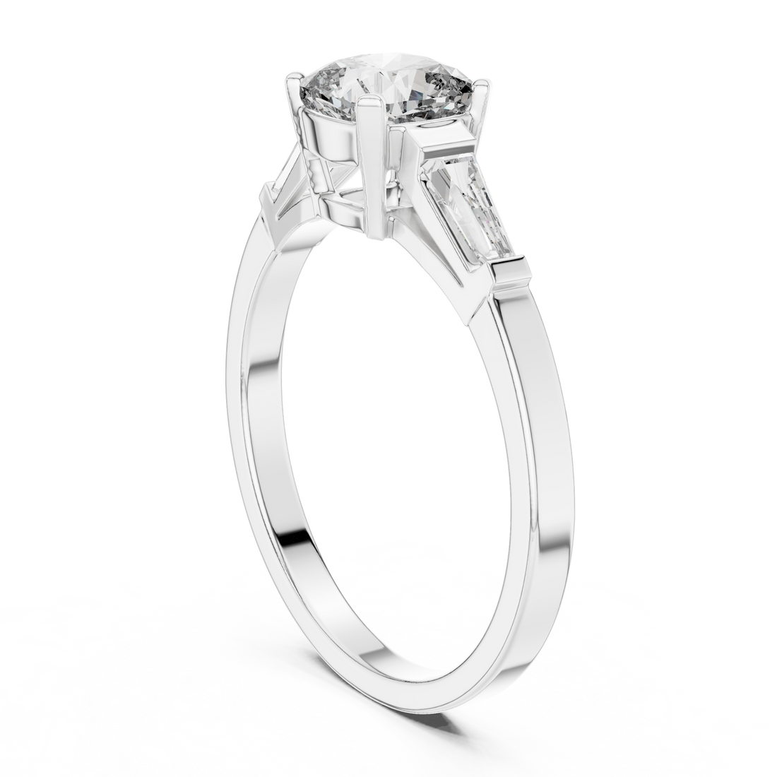 Cushion Cut Diamond Three Stone Engagement Ring in White Gold – Tapered Side Stones