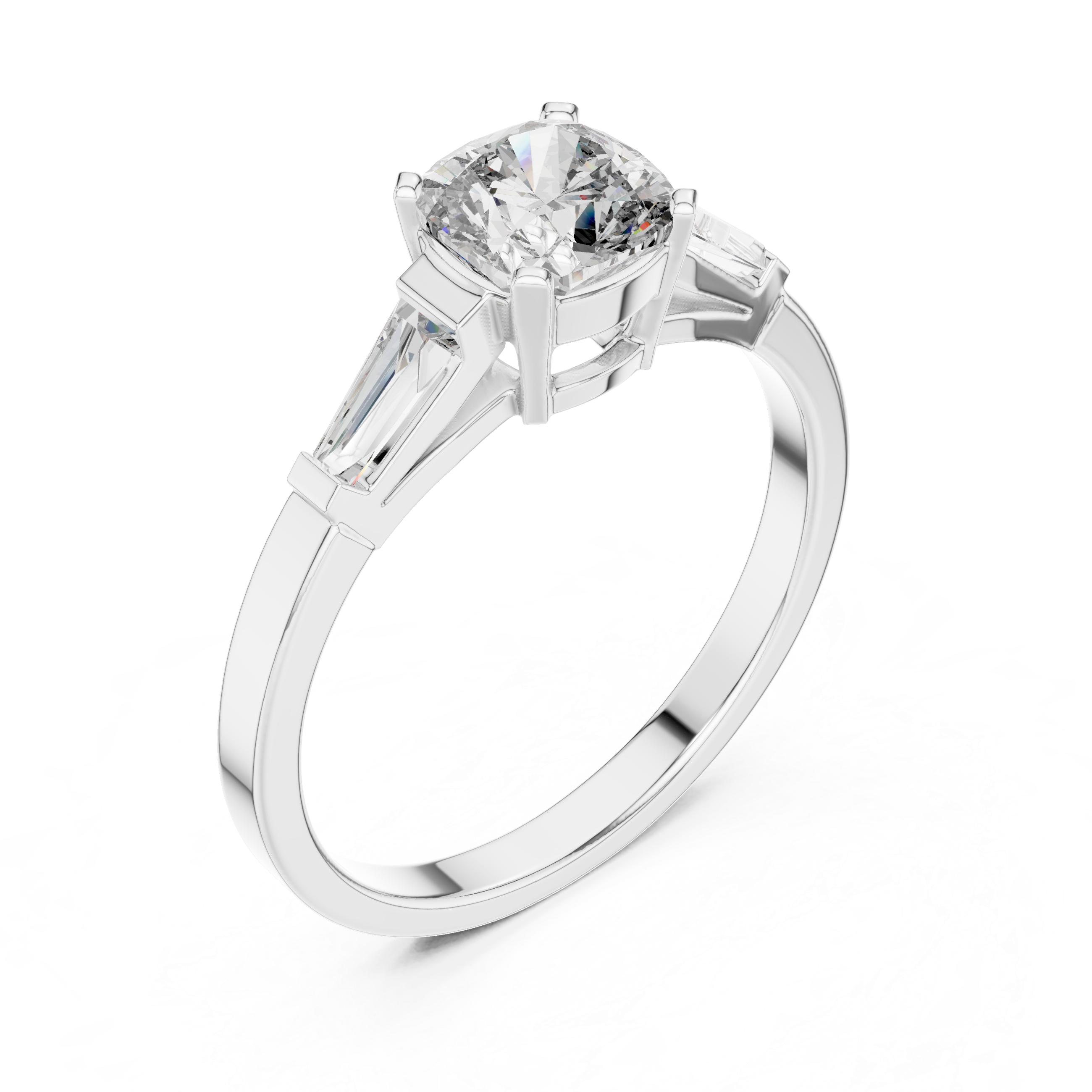 Cushion Cut Diamond Three Stone Engagement Ring in White Gold – Tapered Side Stones