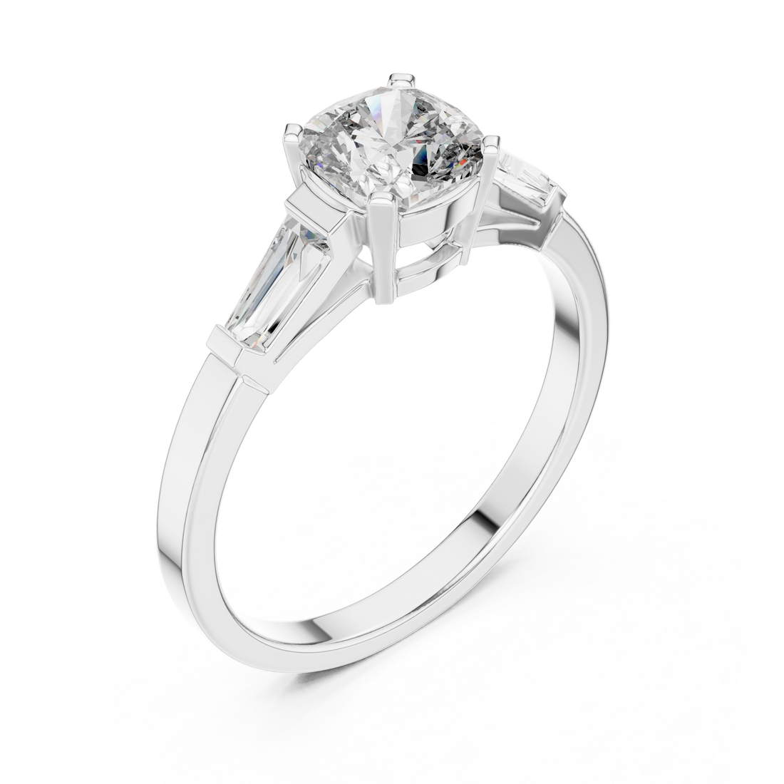 Cushion Cut Diamond Three Stone Engagement Ring in White Gold – Tapered Side Stones