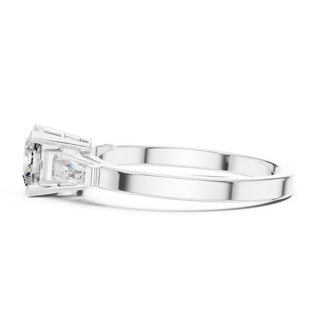 Cushion Cut Diamond Three Stone Engagement Ring in White Gold – Tapered Side Stones