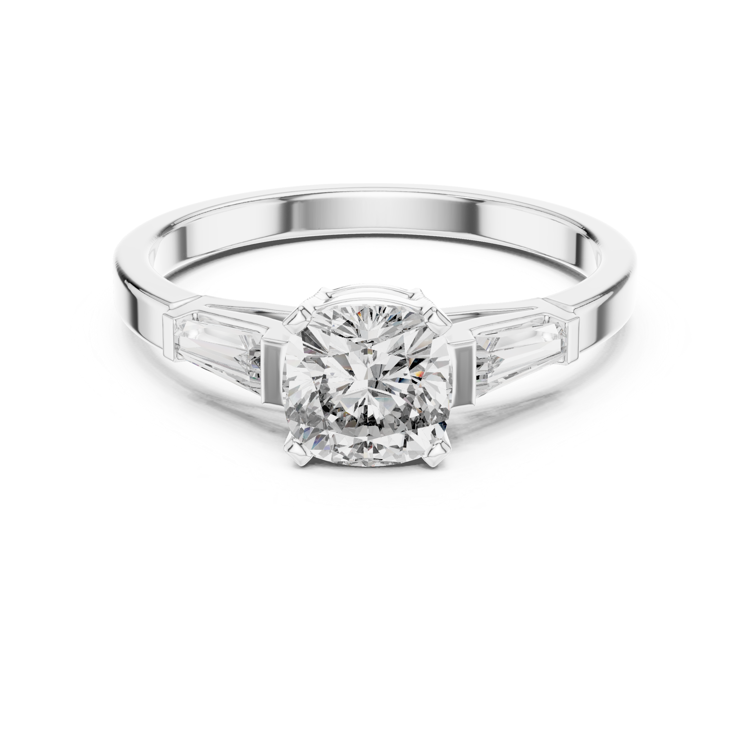 Cushion Cut Diamond Three Stone Engagement Ring in White Gold – Tapered Side Stones