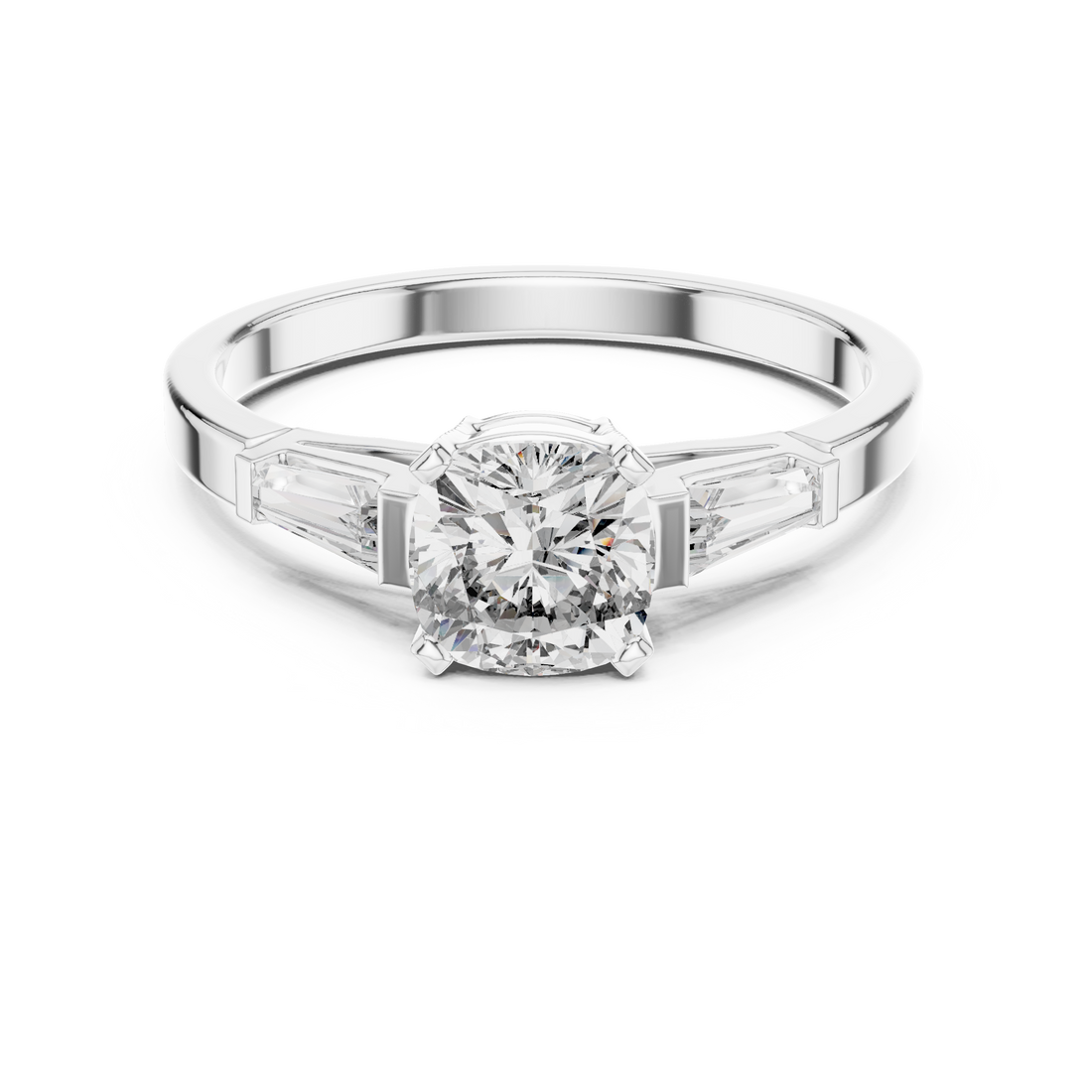 Cushion Cut Diamond Three Stone Engagement Ring in White Gold – Tapered Side Stones