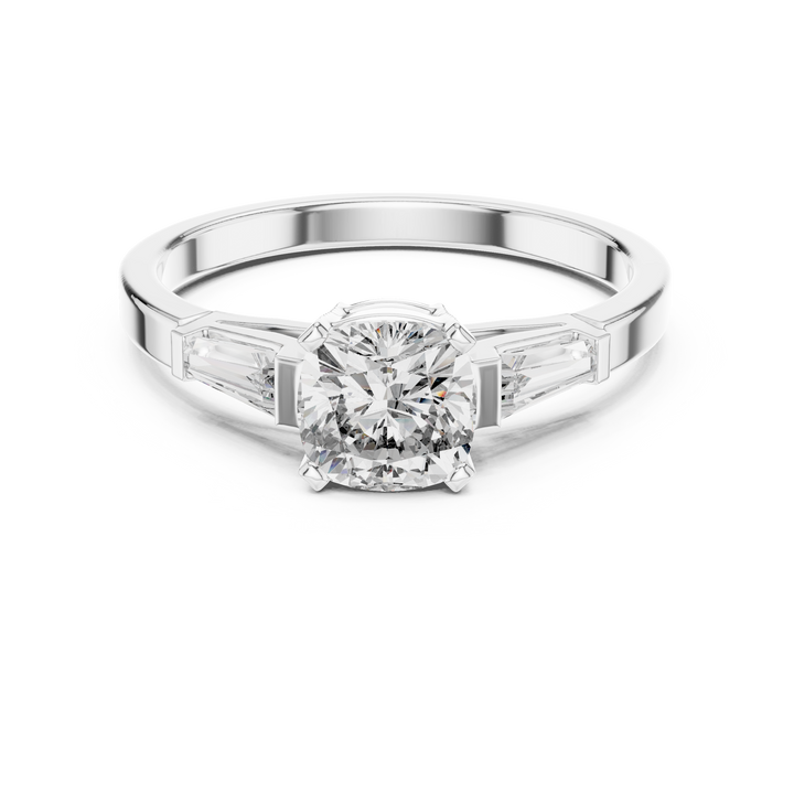 Cushion Cut Diamond Three Stone Engagement Ring in White Gold – Tapered Side Stones