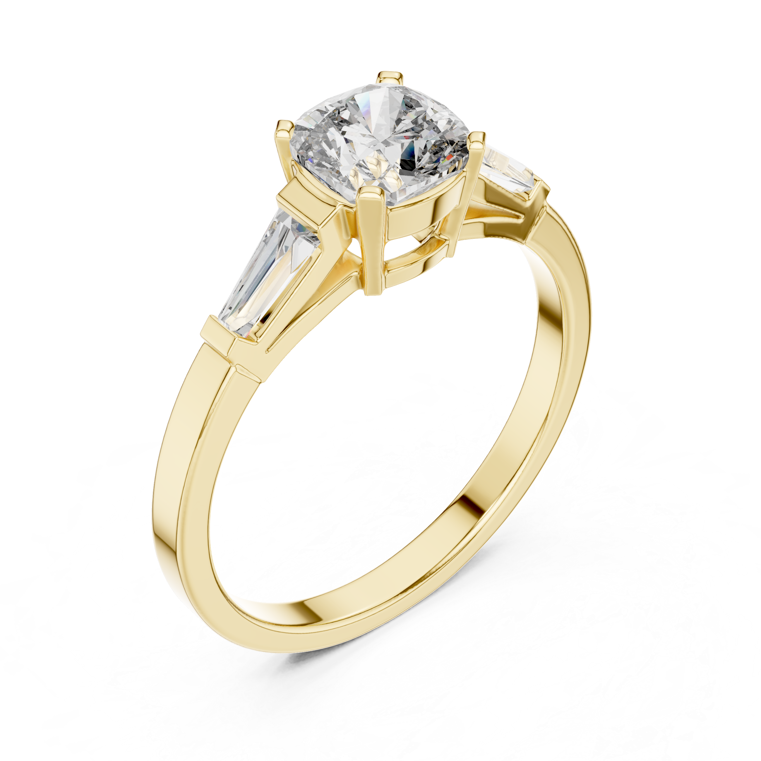 Cushion Cut Diamond Three Stone Engagement Ring in White Gold – Tapered Side Stones