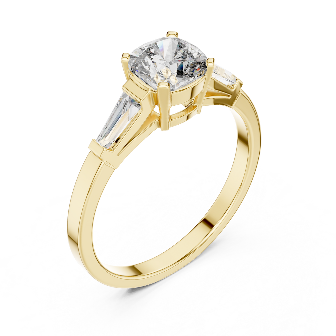 Cushion Cut Diamond Three Stone Engagement Ring in White Gold – Tapered Side Stones