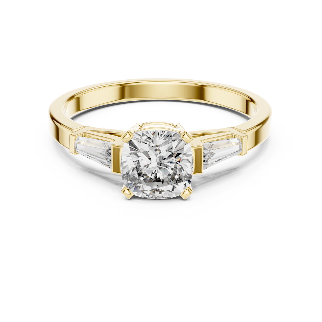 Cushion Cut Diamond Three Stone Engagement Ring in White Gold – Tapered Side Stones
