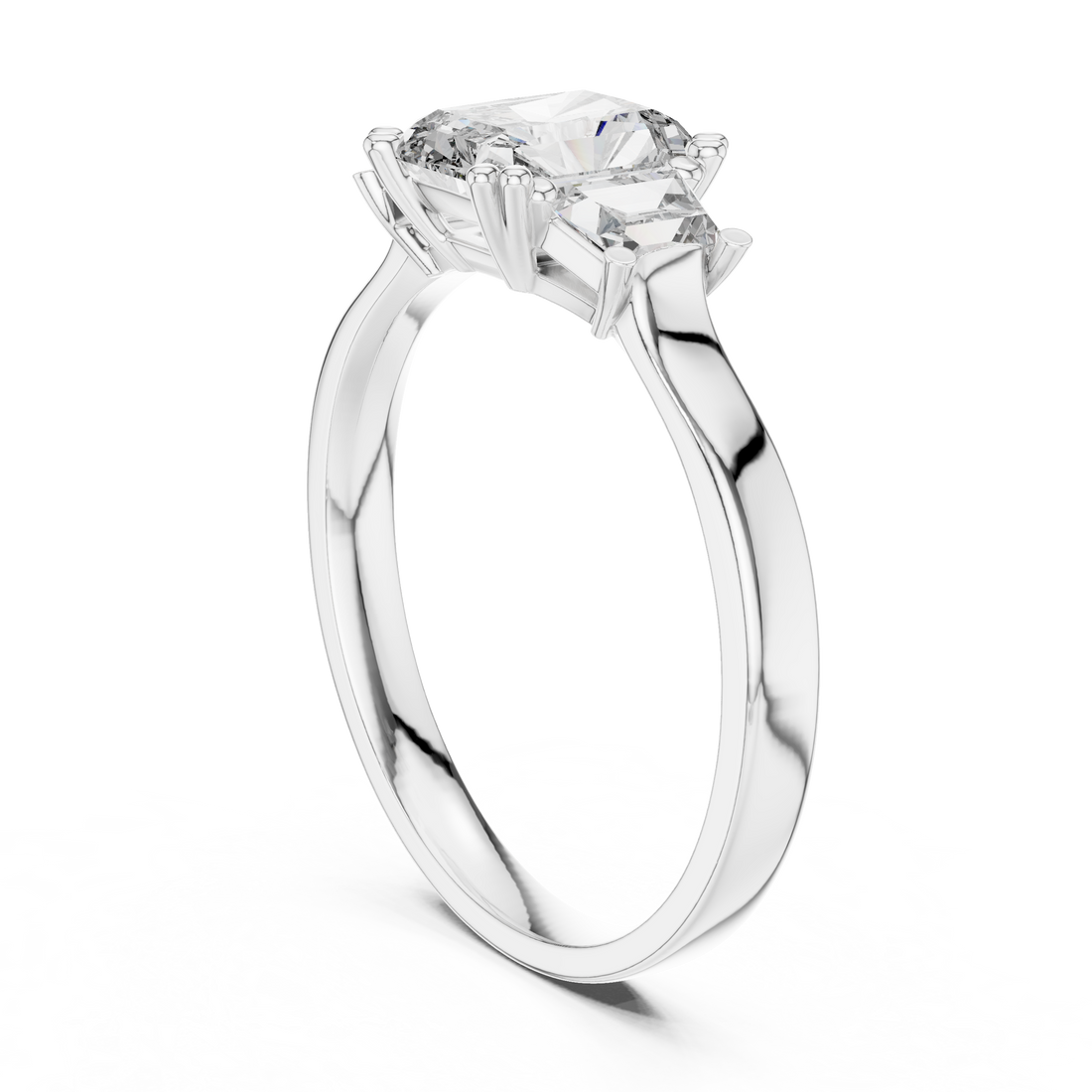 White Gold Radiant Cut Diamond Engagement Ring with Tapered Baguette Sides