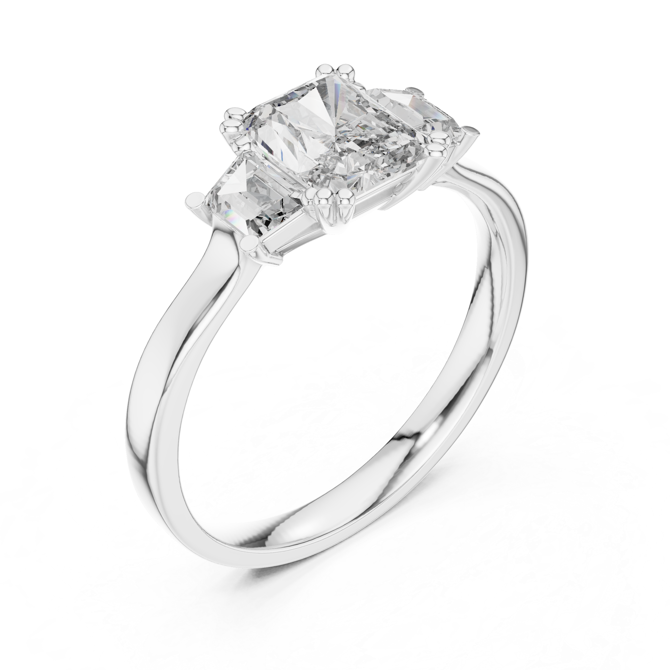 White Gold Radiant Cut Diamond Engagement Ring with Tapered Baguette Sides