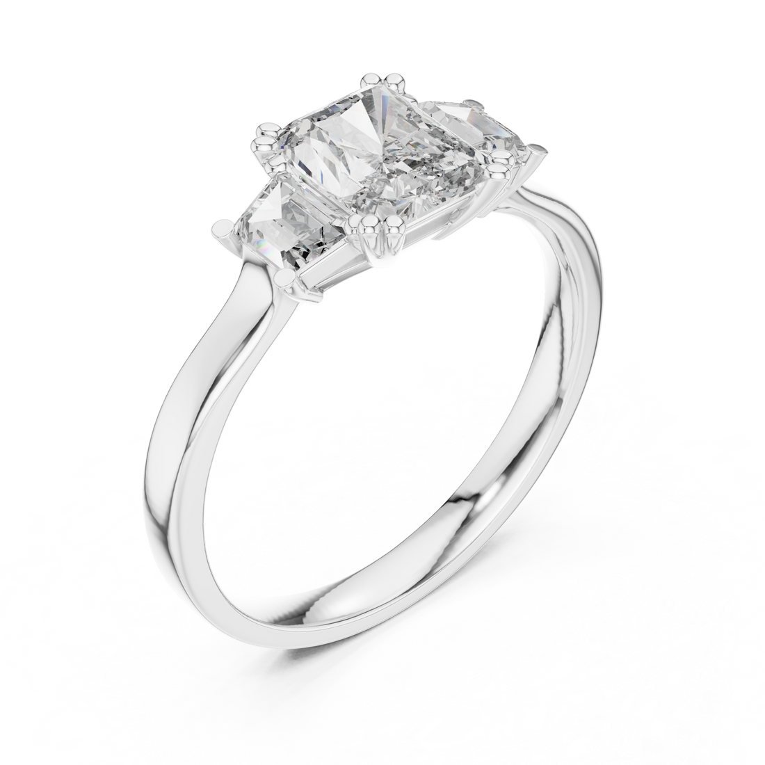 White Gold Radiant Cut Diamond Engagement Ring with Tapered Baguette Sides