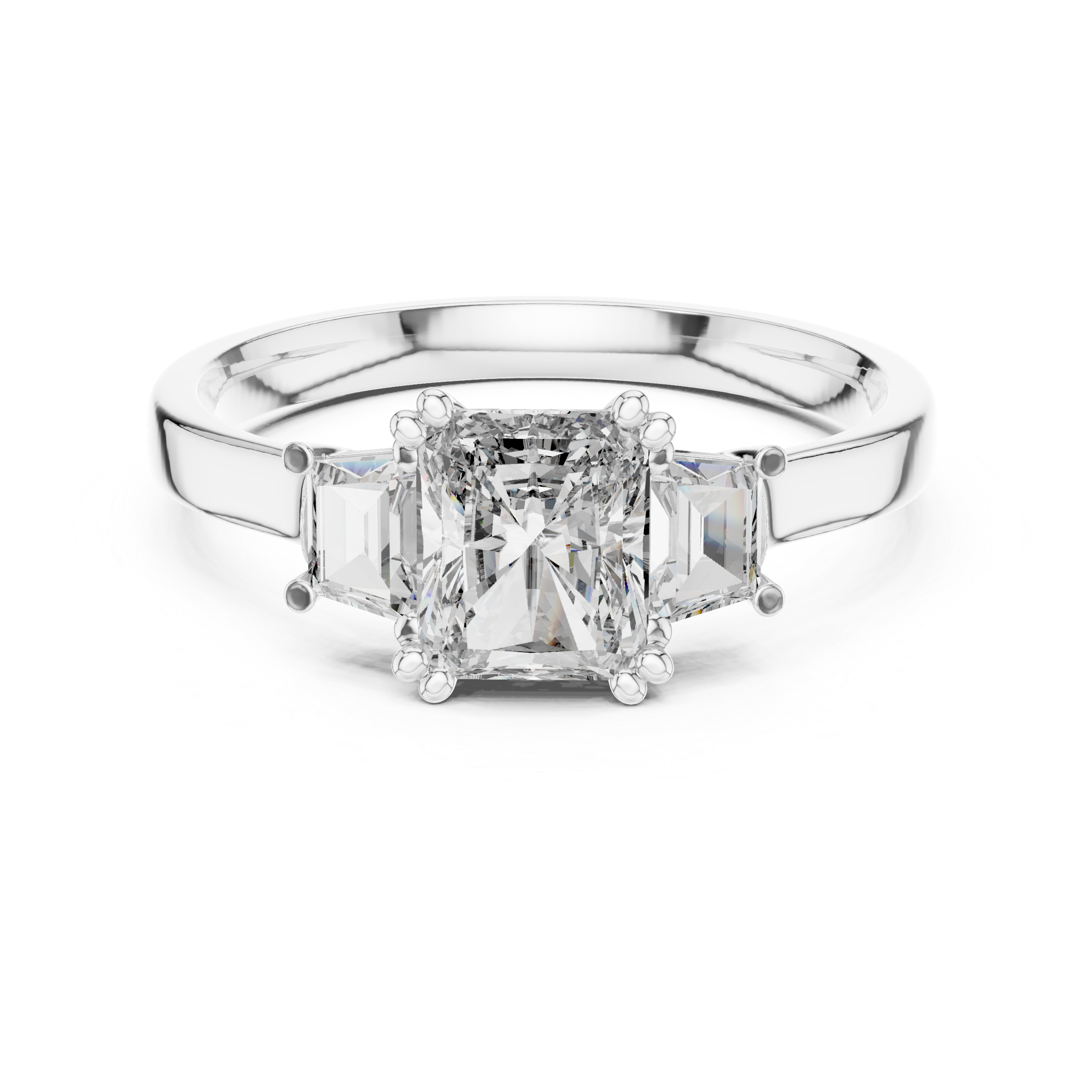 White Gold Radiant Cut Diamond Engagement Ring with Tapered Baguette Sides