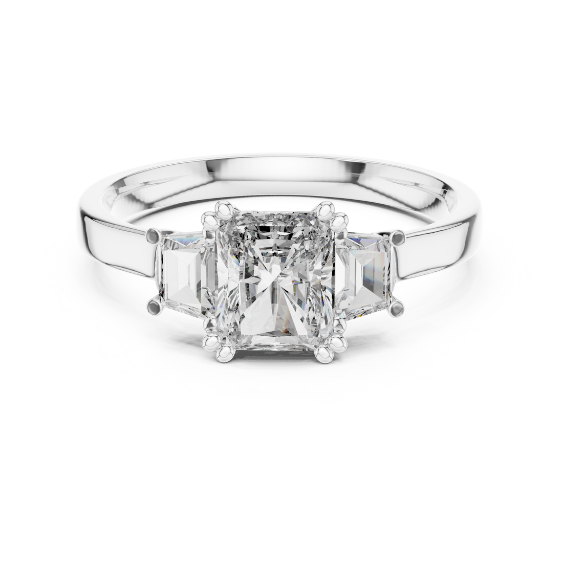 White Gold Radiant Cut Diamond Engagement Ring with Tapered Baguette Sides