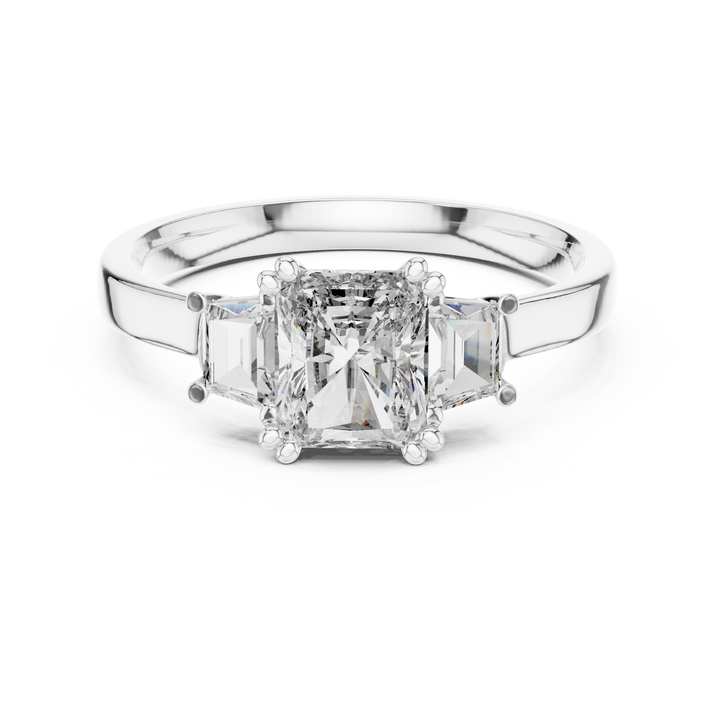 White Gold Radiant Cut Diamond Engagement Ring with Tapered Baguette Sides