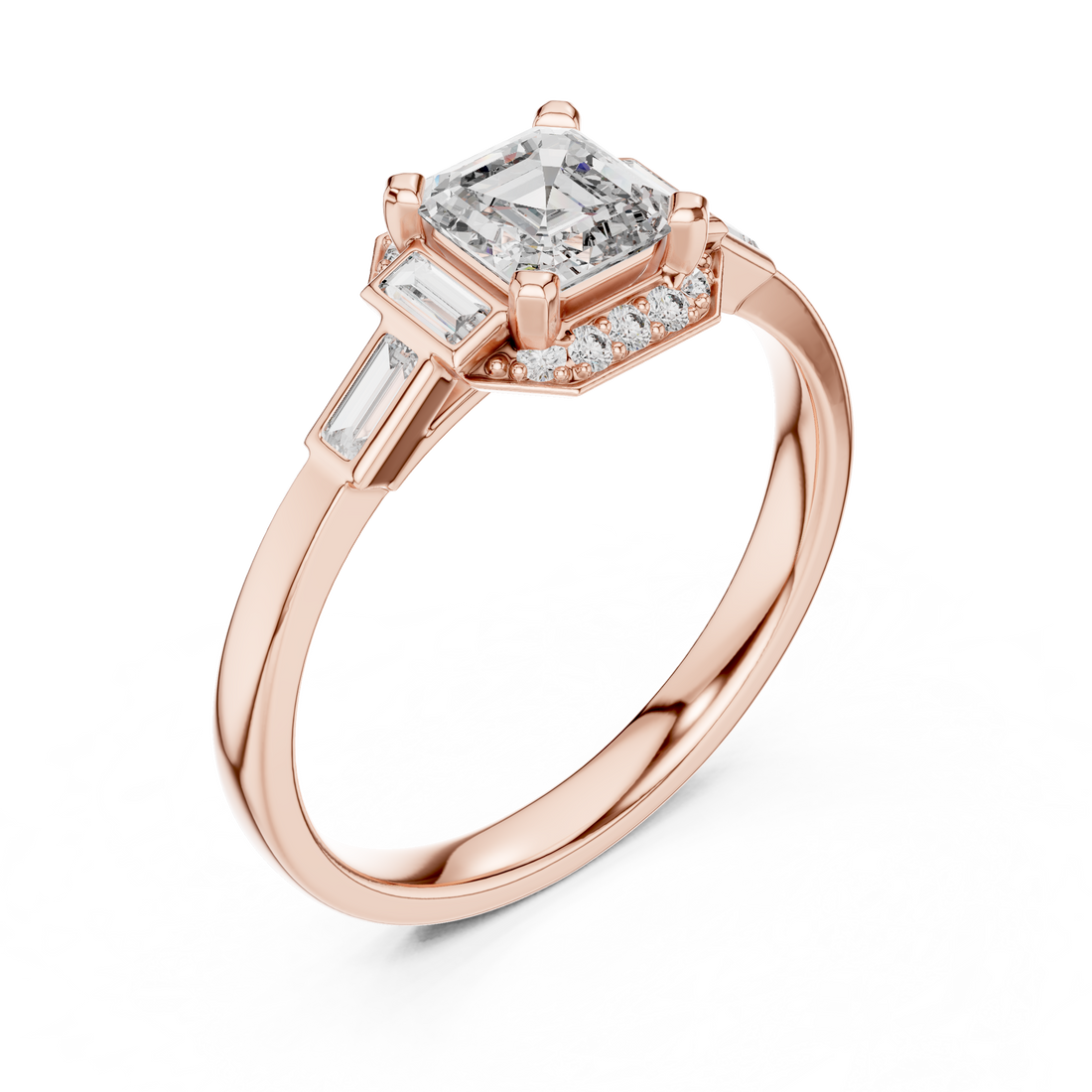 Vintage Style Asscher Cut Diamond Ring with Side Accents