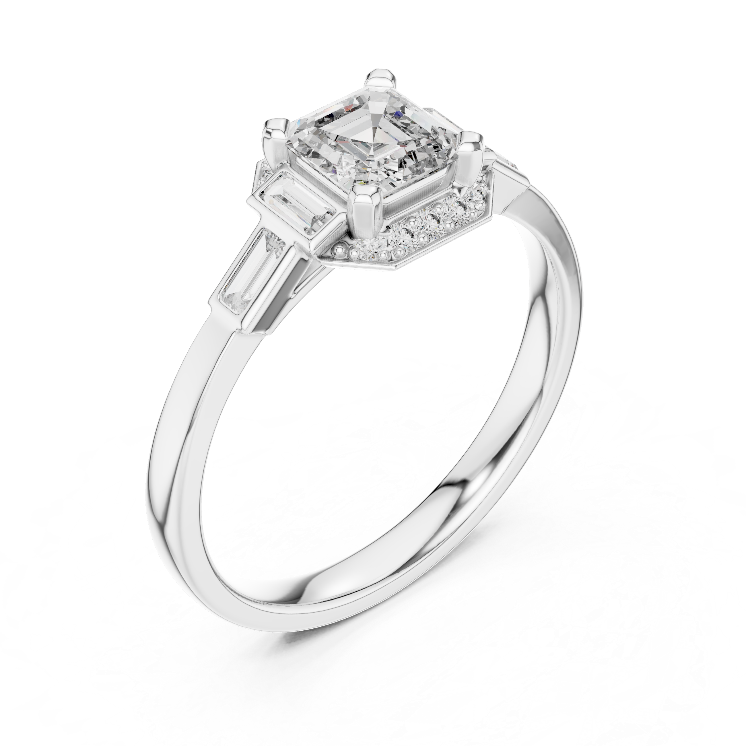 Vintage Style Asscher Cut Diamond Ring with Side Accents
