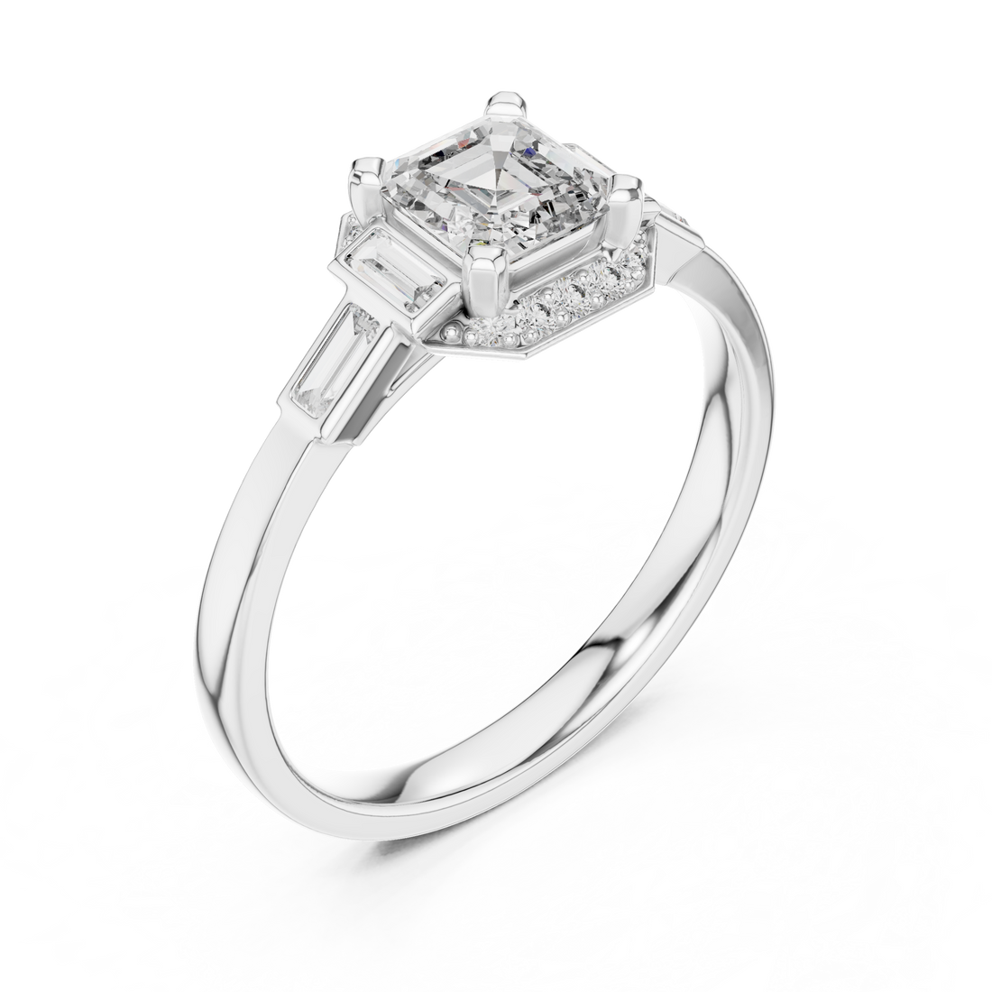 Vintage Style Asscher Cut Diamond Ring with Side Accents