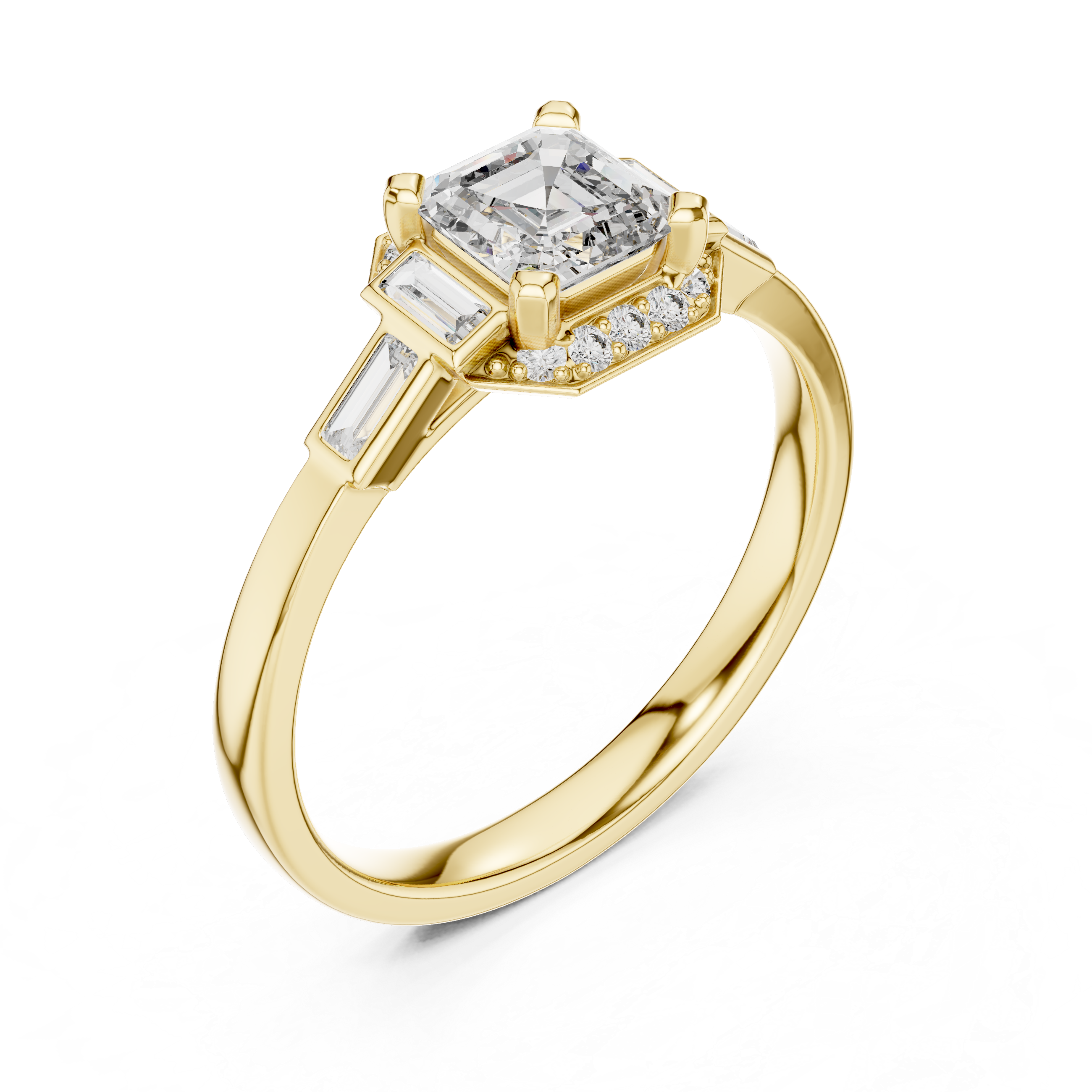 Vintage Style Asscher Cut Diamond Ring with Side Accents