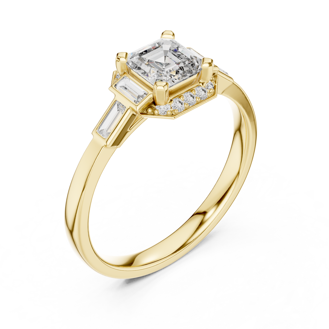 Vintage Style Asscher Cut Diamond Ring with Side Accents