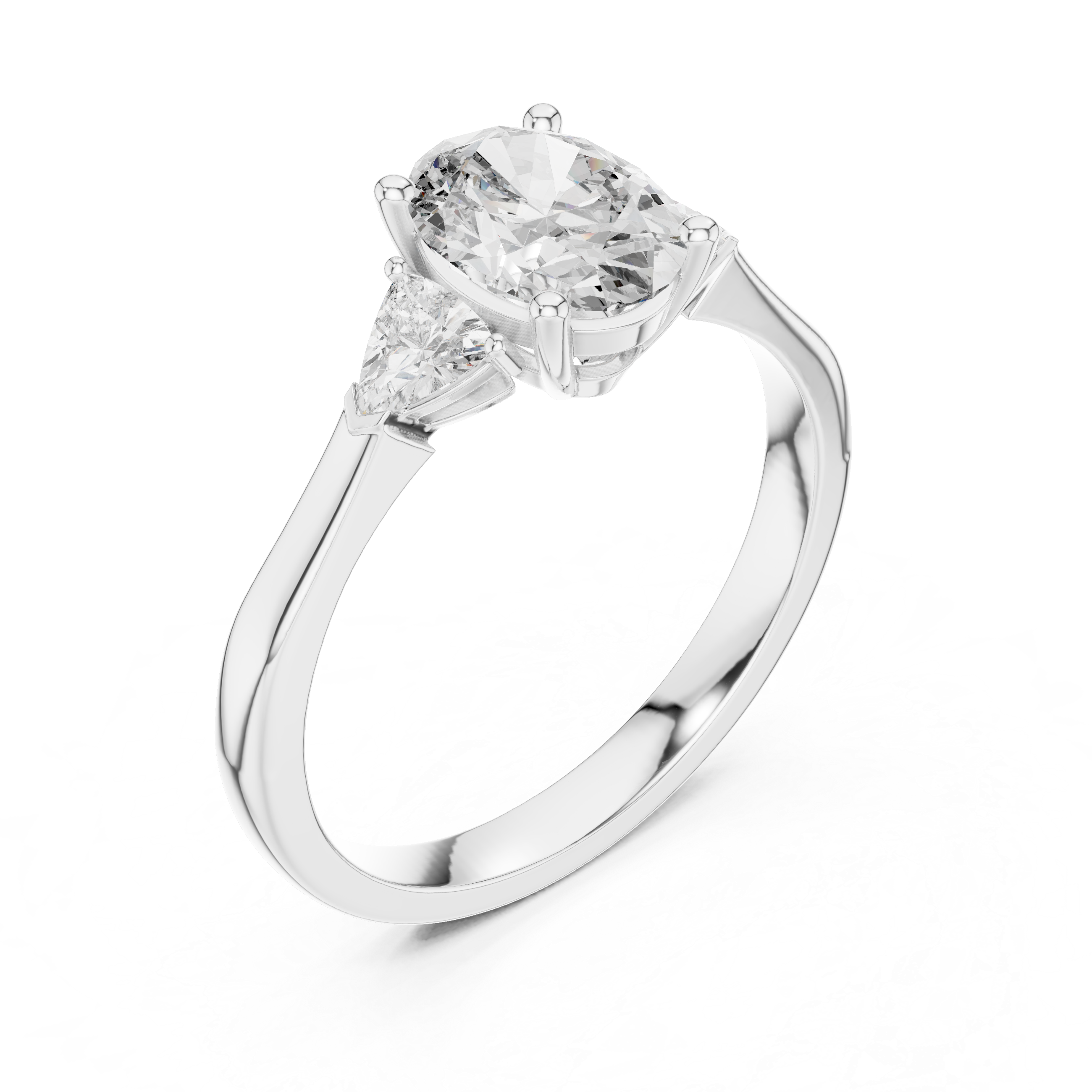 White Gold Oval Cut Diamond Engagement Ring with Tapered Trilliant Stones