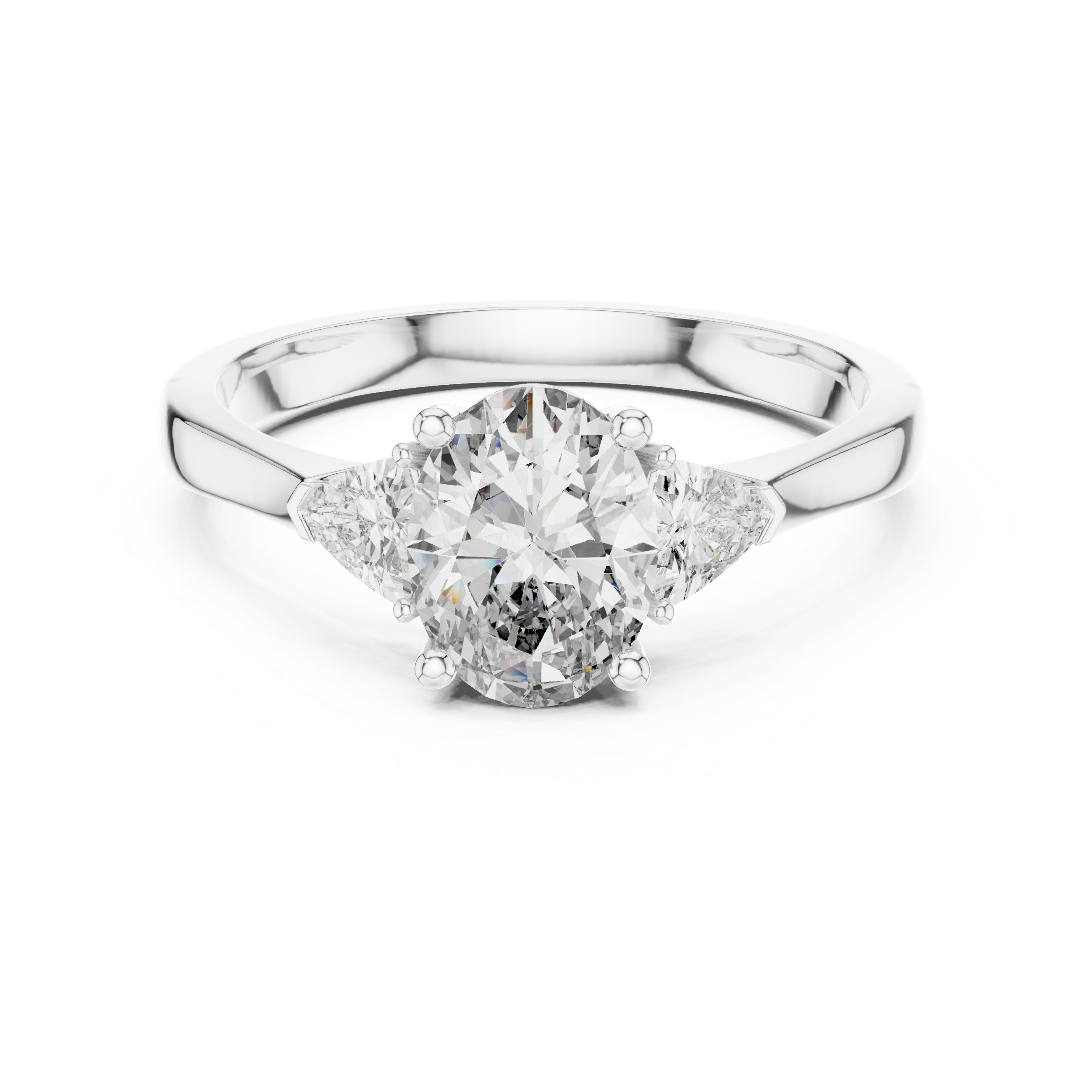 White Gold Oval Cut Diamond Engagement Ring with Tapered Trilliant Stones