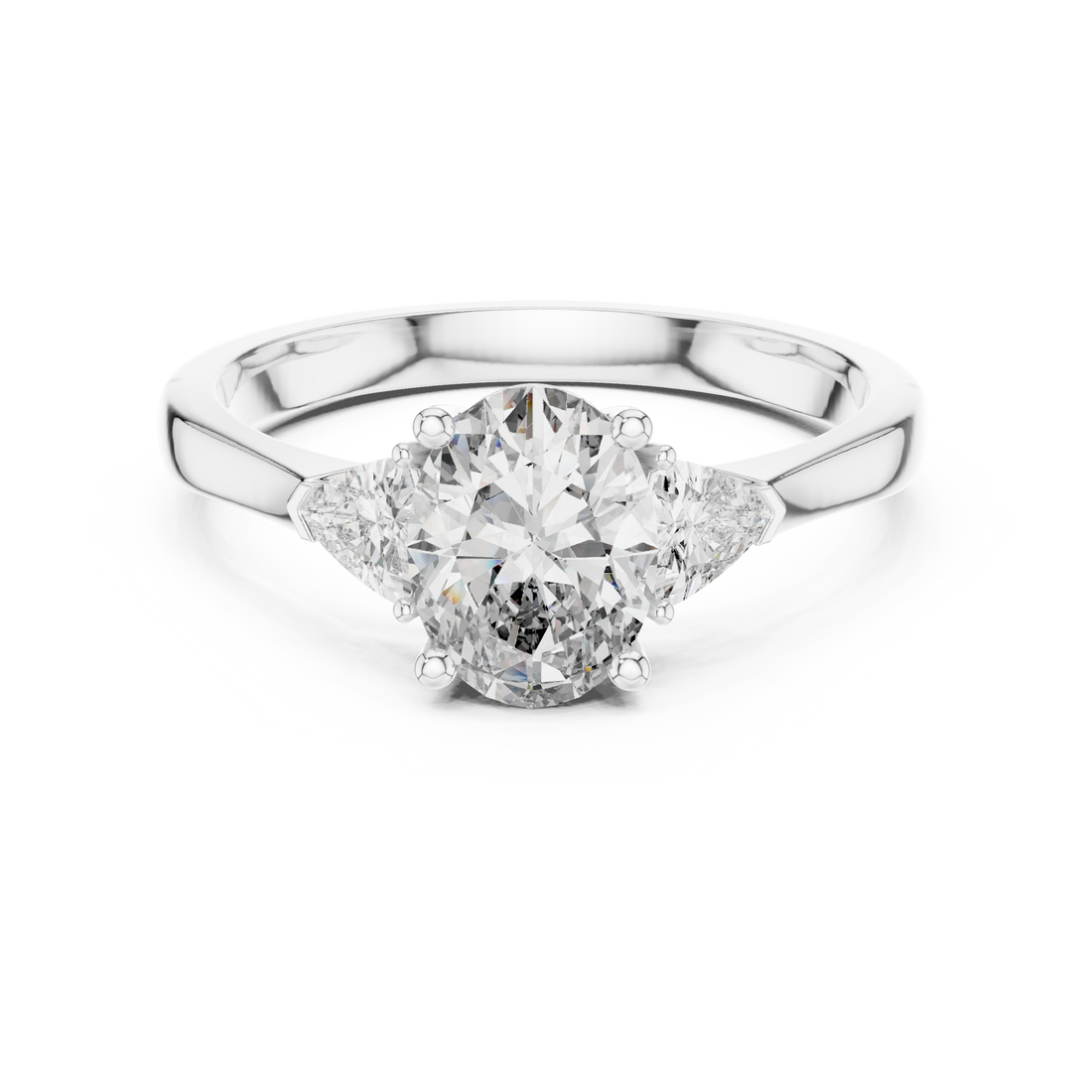 White Gold Oval Cut Diamond Engagement Ring with Tapered Trilliant Stones