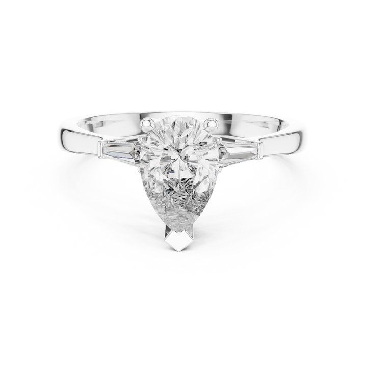Timeless Pear Diamond Ring with Custom Baguette Side Stones Setting