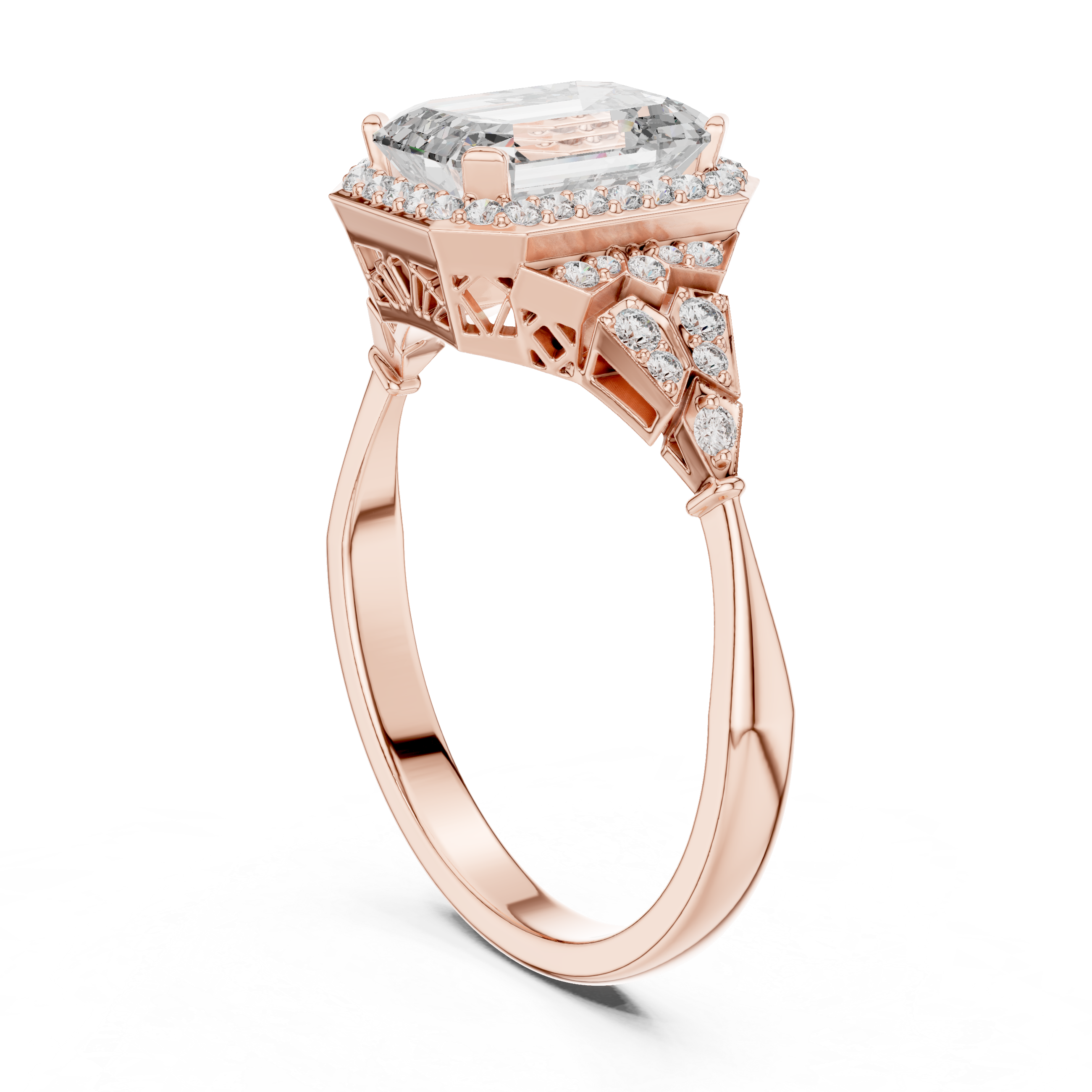 Stunning Emerald Cut Diamond Ring with Halo & Detailed Side Accents