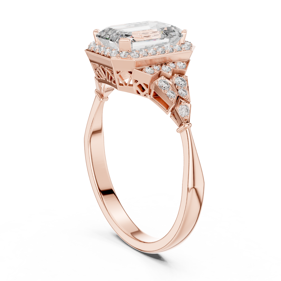 Stunning Emerald Cut Diamond Ring with Halo & Detailed Side Accents
