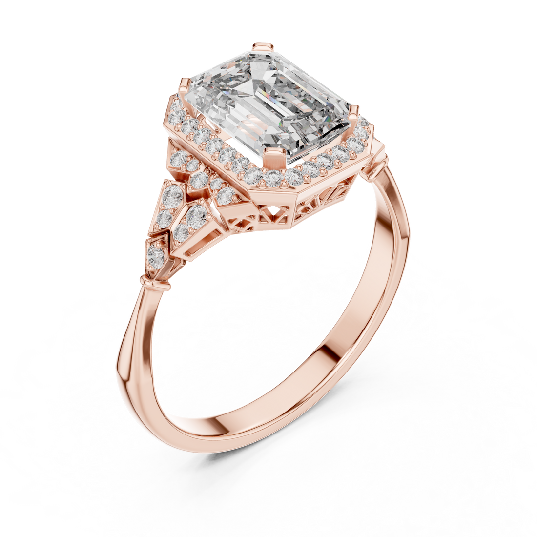 Stunning Emerald Cut Diamond Ring with Halo & Detailed Side Accents