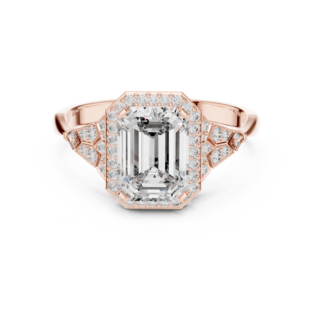 Stunning Emerald Cut Diamond Ring with Halo & Detailed Side Accents