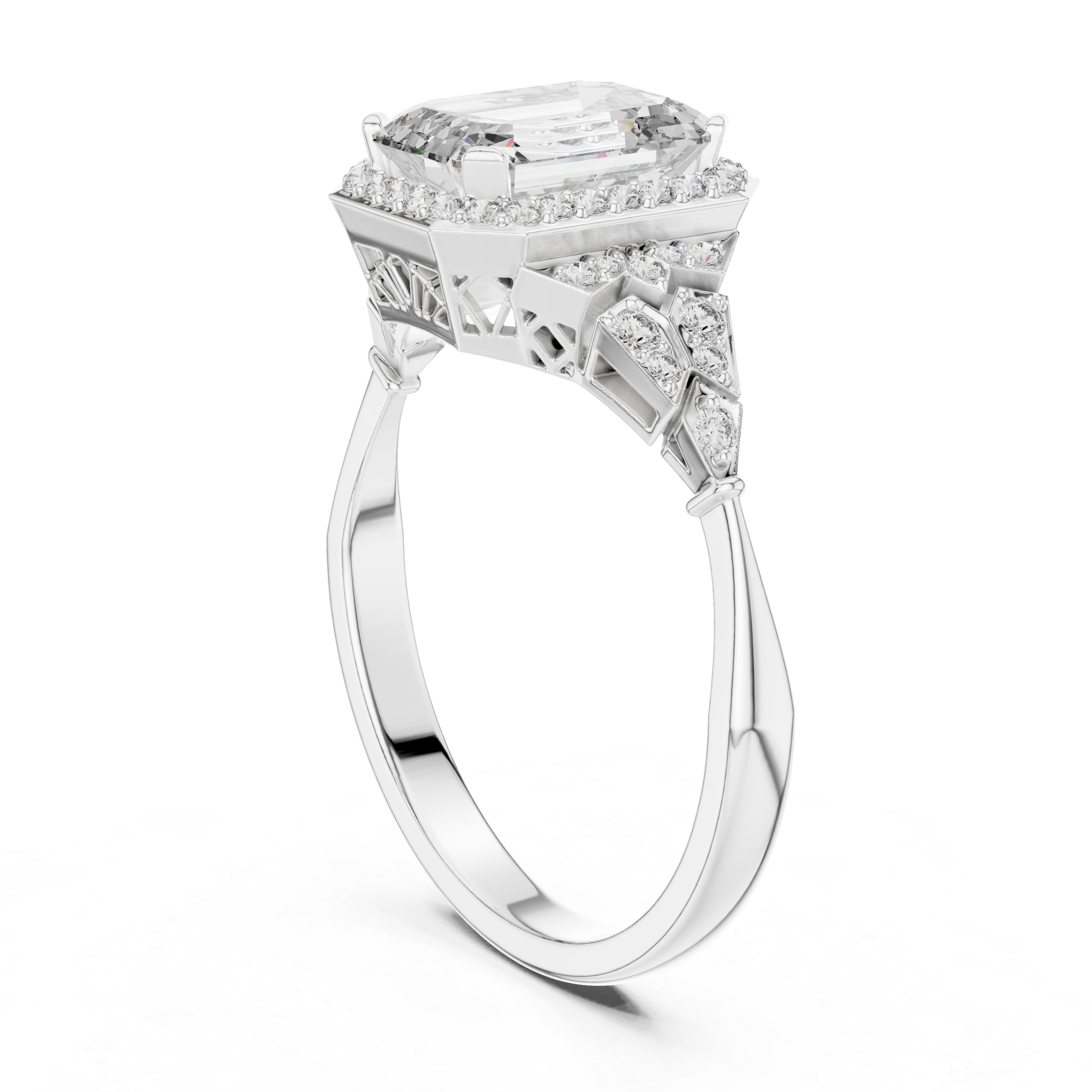 Stunning Emerald Cut Diamond Ring with Halo & Detailed Side Accents