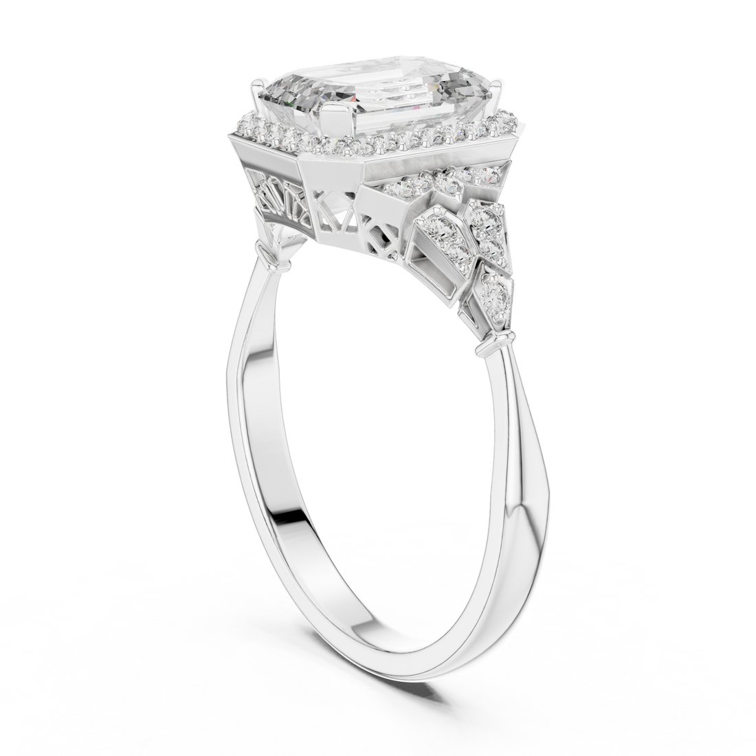 Stunning Emerald Cut Diamond Ring with Halo & Detailed Side Accents