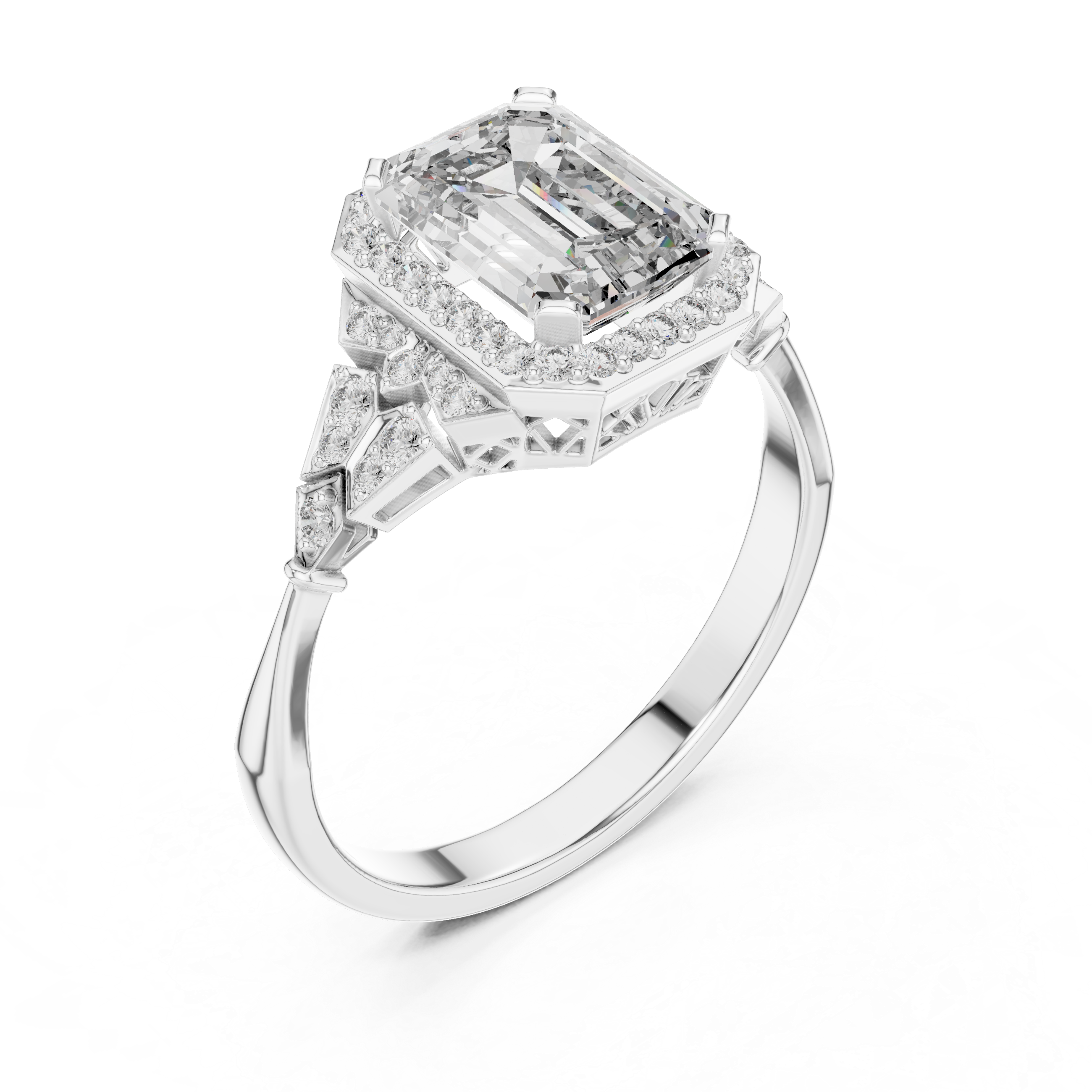 Stunning Emerald Cut Diamond Ring with Halo & Detailed Side Accents