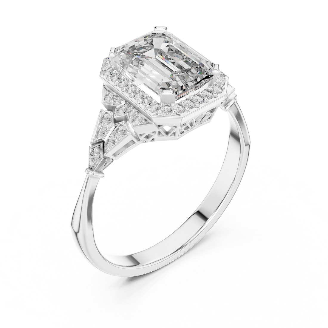 Stunning Emerald Cut Diamond Ring with Halo & Detailed Side Accents