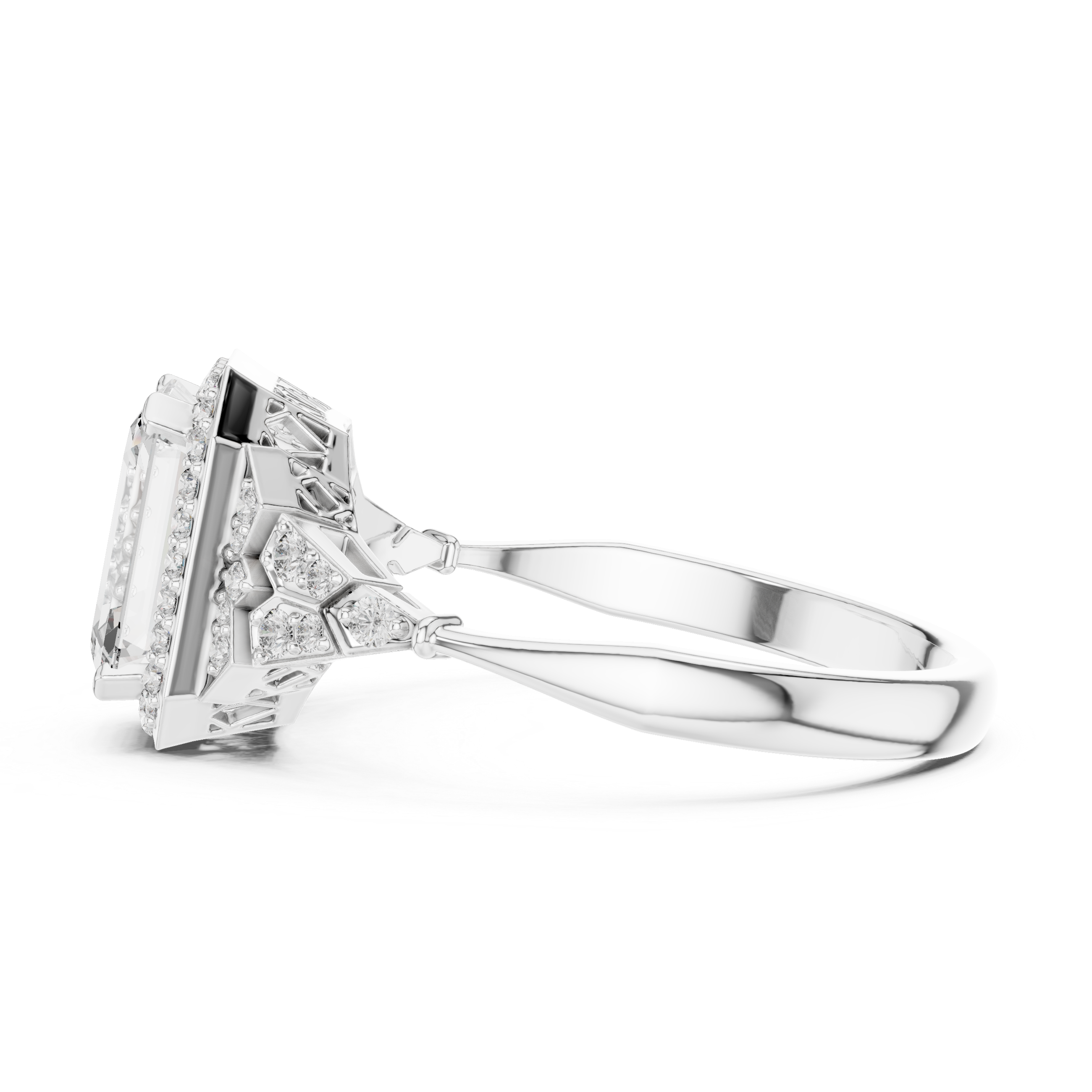 Stunning Emerald Cut Diamond Ring with Halo & Detailed Side Accents