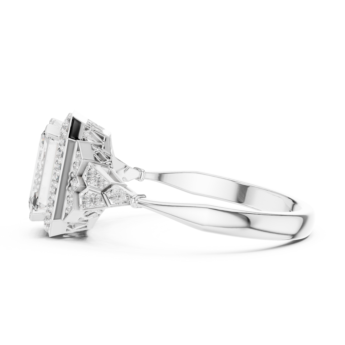 Stunning Emerald Cut Diamond Ring with Halo & Detailed Side Accents
