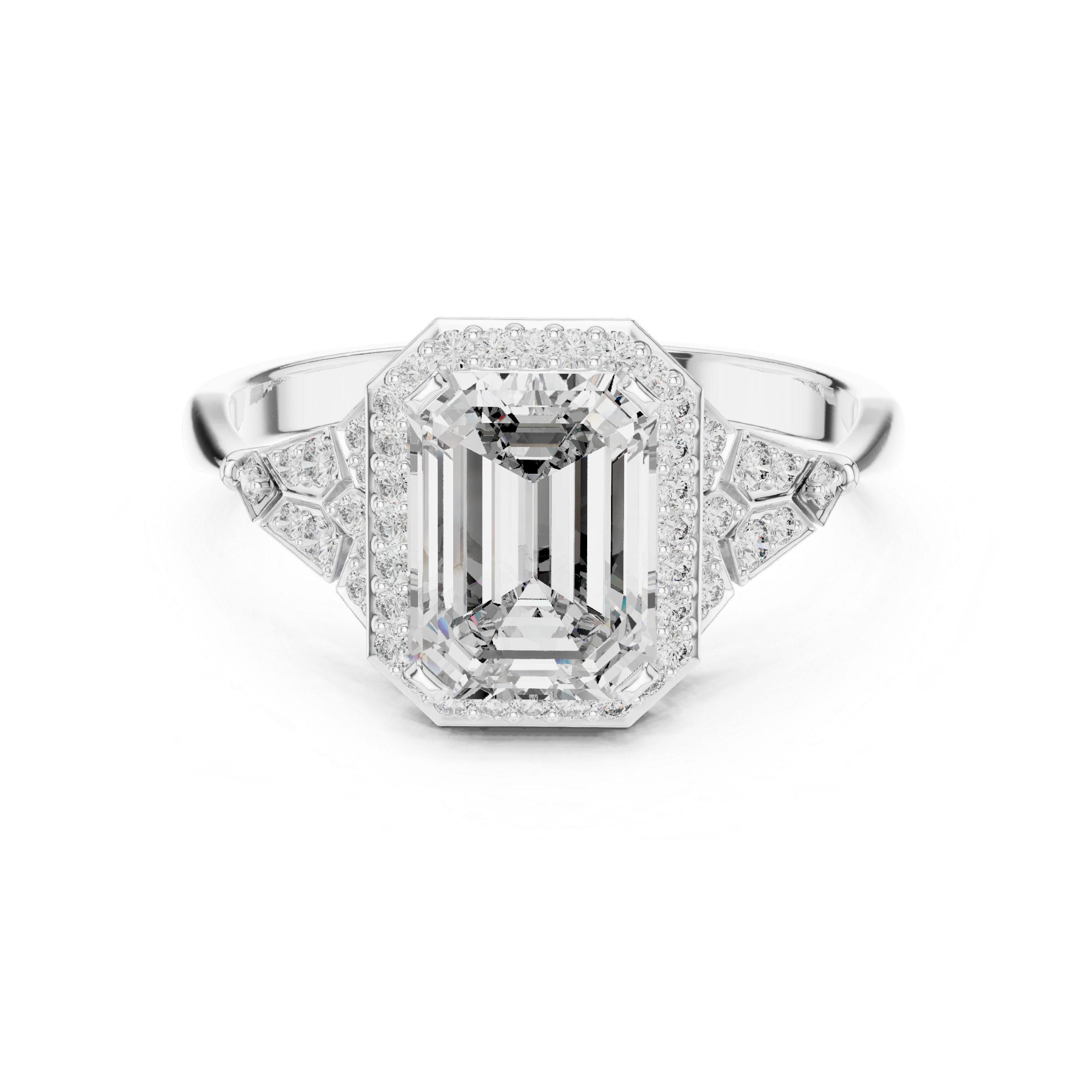 Stunning Emerald Cut Diamond Ring with Halo & Detailed Side Accents
