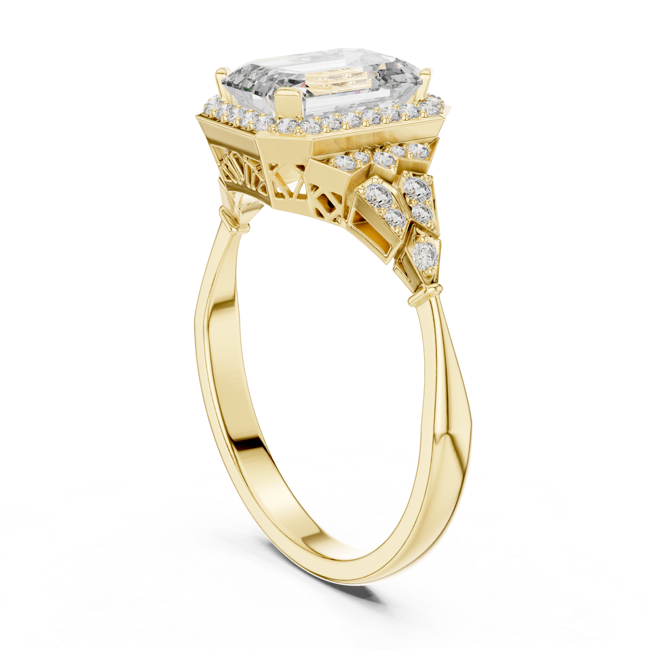 Stunning Emerald Cut Diamond Ring with Halo & Detailed Side Accents