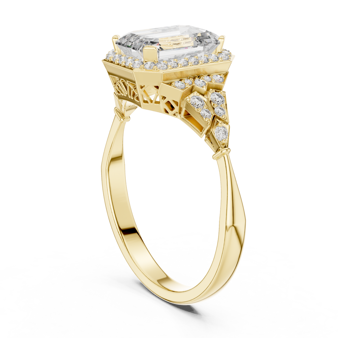 Stunning Emerald Cut Diamond Ring with Halo & Detailed Side Accents