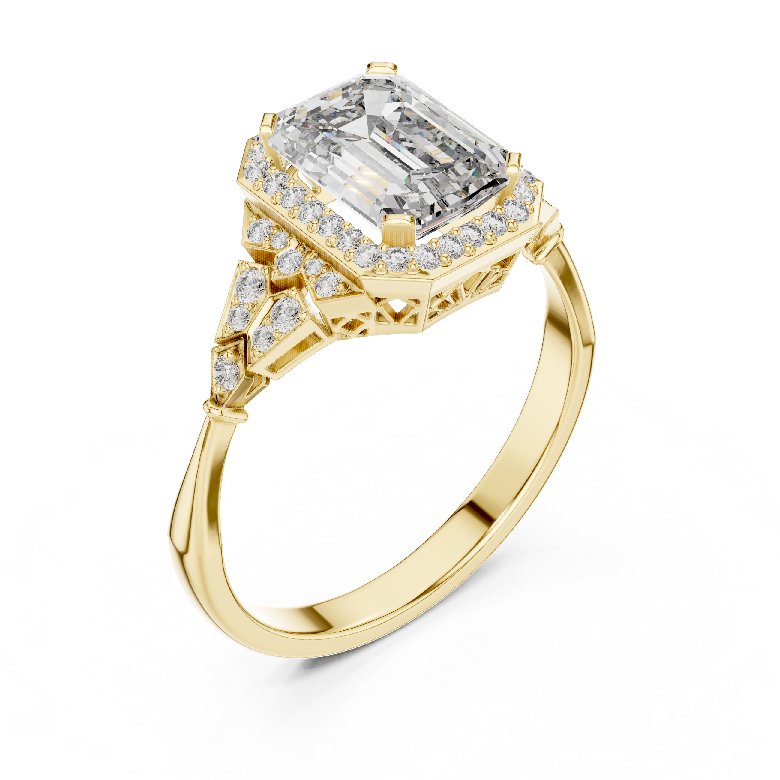 Stunning Emerald Cut Diamond Ring with Halo & Detailed Side Accents