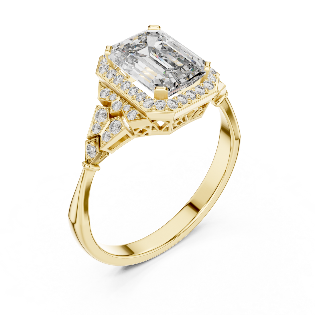 Stunning Emerald Cut Diamond Ring with Halo & Detailed Side Accents