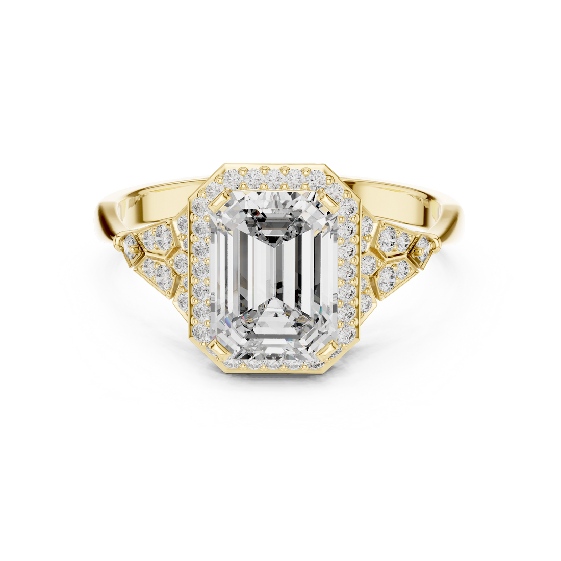 Stunning Emerald Cut Diamond Ring with Halo & Detailed Side Accents