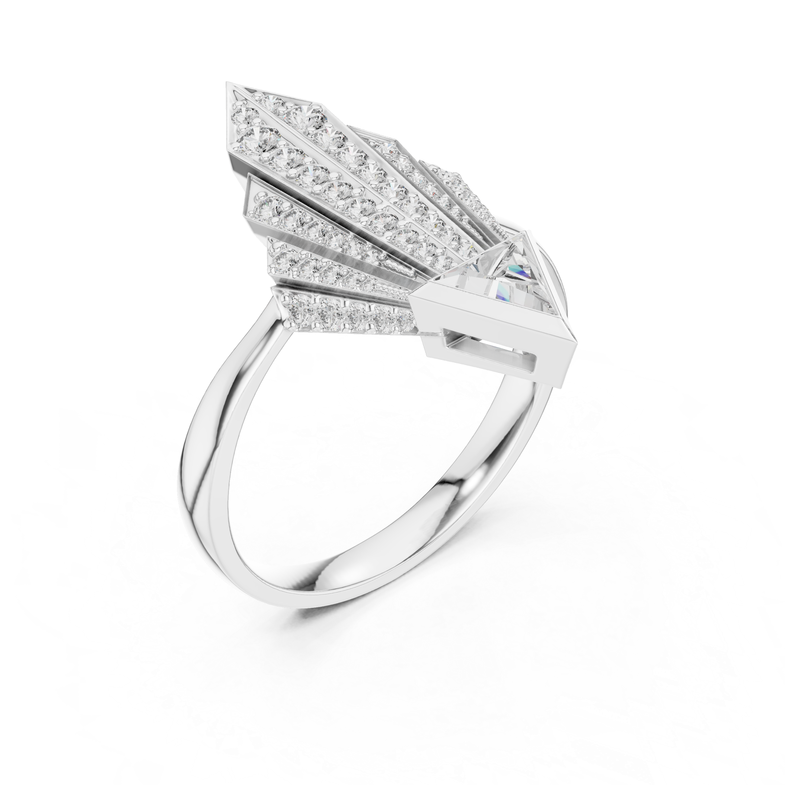 Geometric Diamond Statement Ring with Trillion Cut Center - Bridesmaid Gift